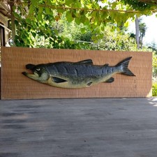 Vintage Akan Ainu Wood Carved Salmon Wall Art Hokkaido Folk Art Masahiro 119cm picture