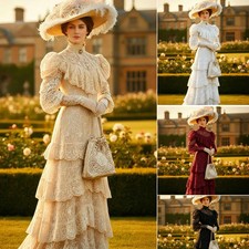 1900s Vintage Victorian Edwardian Costume Walking Dress High Neck Puff Sleeve picture