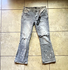 Purple Brand Men’s Gray Denim Flared Jeans Distressed Solid Regular Fit picture