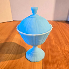 Vintage Fenton Blue Satin Cabbage Rose Pedestal Compote Candy Dish 9