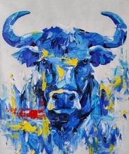 Contemporary Blue Bull Artwork - Handmade Impasto Style Canvas Painting picture