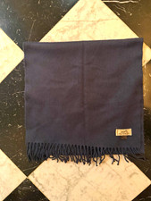 HERMÈS Women’s Navy Solid Rectangle Scarf with Fringe & Logo Accent picture