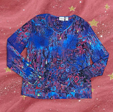 Chico's Blue Purple Pink Abstract V-Neck Long Sleeve Knit Cotton Top Size 2 picture