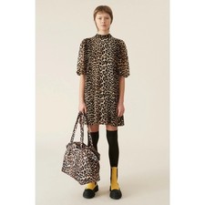 GANNI NWT Leopard Georgette Smock Mini Dress Mock Neck Oversized 38 US 6 picture