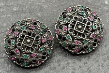 Vintage 1928 Ornate Filigree Brooch Pink Green Black Rhinestone Silver Tone picture