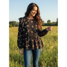 NEW Loft Top Black Floral Ruffle Peplum Cottage Peasant Boho Whimsigoth Moody S picture