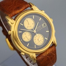 SEIKO 7T32-7B70 Vintage Alarm Chronograph Quartz Black Gold Rare From Japan picture