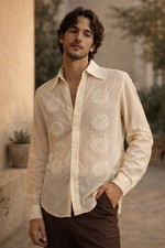 Vintage 1970s Chiffon Embroidered Disco Shirt Cream Button Front M picture