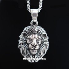 MENDEL Cool Mens Stainless Steel Lion King Head Pendant Necklace Silver for Men picture