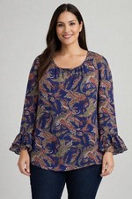 ALYX Women's Xlg Paisley Bell Sleeve Top Blouse USA Made Plus Size Boho Office picture