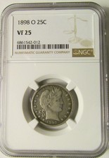 1898-0 BARBER Silver QUARTER NGC VF25 picture