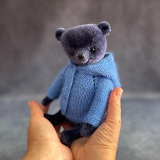 Navy Blue Mohair Teddy Bear, 23cm OOAK Artist Bear with Hand Knitted Angora Hood picture