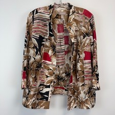 Chicos Open Front Jacket Womens 2 Large Abstract Floral Stripe Red Brown Rayon picture