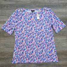 Talbots Pink Floral Boatneck Tee Gold Button Shoulder Petite Small NWT picture