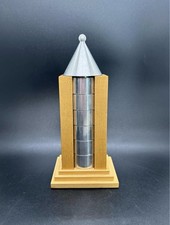 Aluminum Napkin Rings Set Wood Stand Skyscraper Building MCM Art Deco Metal VTG picture
