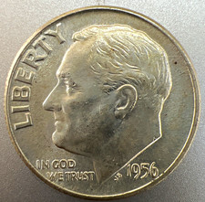 1956 Roosevelt Dime -Error LIBERTY touching rim AM touching-90% Silver KM#198 picture