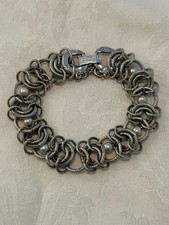 Vintage Goldette NY Chain Bracelet Faux Pearls Silver Tone picture