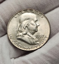 1957 D Ben Franklin Half Dollar 50c AU Almost Uncirculated 90% Silver F57Ahw picture