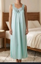 Vintage 60s Vanity Fair Nightgown Sleeveless Silky Satin Aqua Green Size XL Lace picture