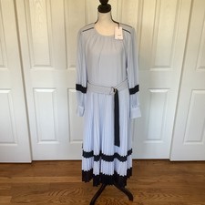 Reiss Tori Color Block Pleated Midi Dress Blue Navy Long Sleeve Belted US 8 NWT picture