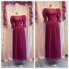Vintage 80s Maxi Dress Lace Burgundy Red Puff Sleeves Prairie Victorian XXS XS picture