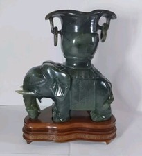 Vintage Spinach Jade Carved Elephant Censor Statue on Stand-6.5 X 6 X 3 picture