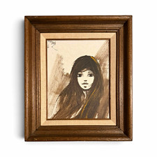 Vintage 1970s Sardi Big Eyes Oil Painting - Retro MCM Dark Hair Girl Portrait picture