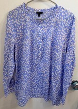 Talbots Women's XL Blue Floral Cotton Woven Long Sleeve Round Neck Blouse picture