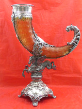 MONUMENTAL ANTIQUE SILVERED CORNUCOPIA CENTER PIECE ORIGINAL GLASS Winged Horse picture