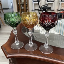 3 Green, Red, Golden Ajka Arabella Bohemian Cut to Clear Wine Glasses 7.25” picture