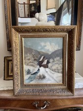 Antique 19thC Winter Forest Landscape Oil On Canvas Painting - Primitive America picture