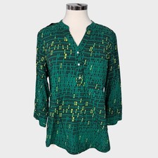 a.n.a A New Approach Blouse Large Green Black Yellow Print Rayon Nylon picture