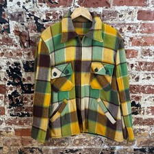 VTG 50's Hercules Sears Green Yellow Plaid Wool Chore Jacket Shirt Mens Large picture