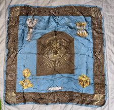 VTG Hermes Scarf Dies Et Hore Sundials Blue Gold Silk Carre 90 Shrunken Flaw 30