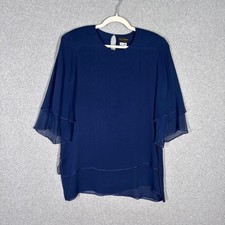 Vintage Layered Silk Blouse Medium Navy Blue Tiered Ruffle Flowy 90s Career USA picture