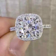 4.10CTW Cushion Cut VVS1 Moissanite Halo Engagement Ring 14K White Gold Plated picture