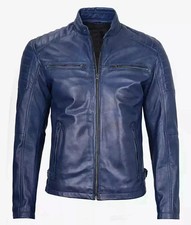 Men's Blue Leather Jacket Motorcycle Cafe Racer Style Zipper  picture
