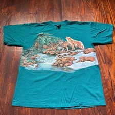 Vintage 90s Wolf Shirt Mens XL Teal Wrap Around Graphic Single Stitch Nature USA picture