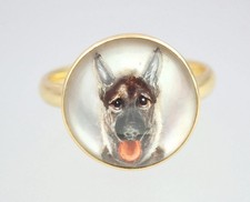 CUTE Antique Victorian 18K Gold Essex Crystal German Shepherd Dog Ring Box 6.25 picture