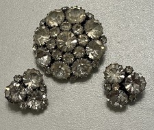 Vintage Weiss Brooch Earrings Set Clear Smoky 3D Dome Cluster Rhinestone 1950s picture