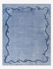 Handmade Blue Wool Area Rug | Modern Wavy Border Hand Tufted Carpet. picture