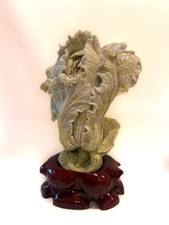 Hand-Carved Chinese Jade Cabbage – Green Serpentine (Xiu Jade) – w/Wooden Base picture
