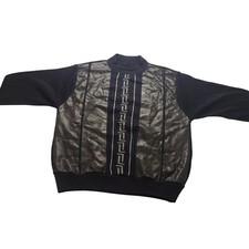 Bagazio Men's Navy Blue Faux Leather Mixed Media Greek Key Knit Sweater Size L picture