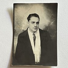 Vintage Photo Booth Photograph Handsome Charming Young Man Slick Hair Scarf picture