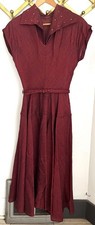 Vtg 1950s Maroon Swing Dress Rhinestone  Collar Drop-Waist Side-Zip Belt Sm picture