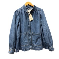 H&M Denim Jacket Womens Small Puff Sleeve Blue Chore Shacket Hidden Button NEW picture