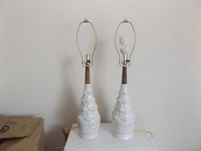 LAMPS 2 Biomorphic MID CENTURY MODERN PAIR Danish White Ceramic TEAK WOOD 1960s picture
