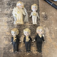 5 ANTIQUE 1920s Bisque Bride Groom Wedding Cake Topper Crepe paper clothes Kitch picture