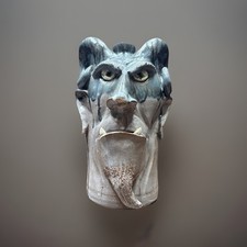 DAL BURTCHAELL Primitive Folk Art Glazed Devil Face Jug Blue Gray Glaze picture