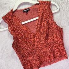 Express Womens Top Size S Rust Orange Floral Lace Smocked V-Neck Crop Top picture